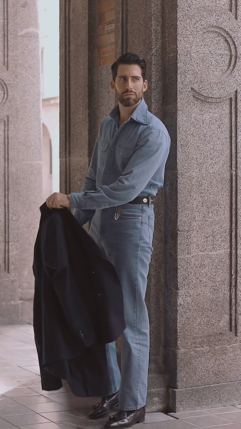 Fade Washed Indigo Denim Chambray Shirt