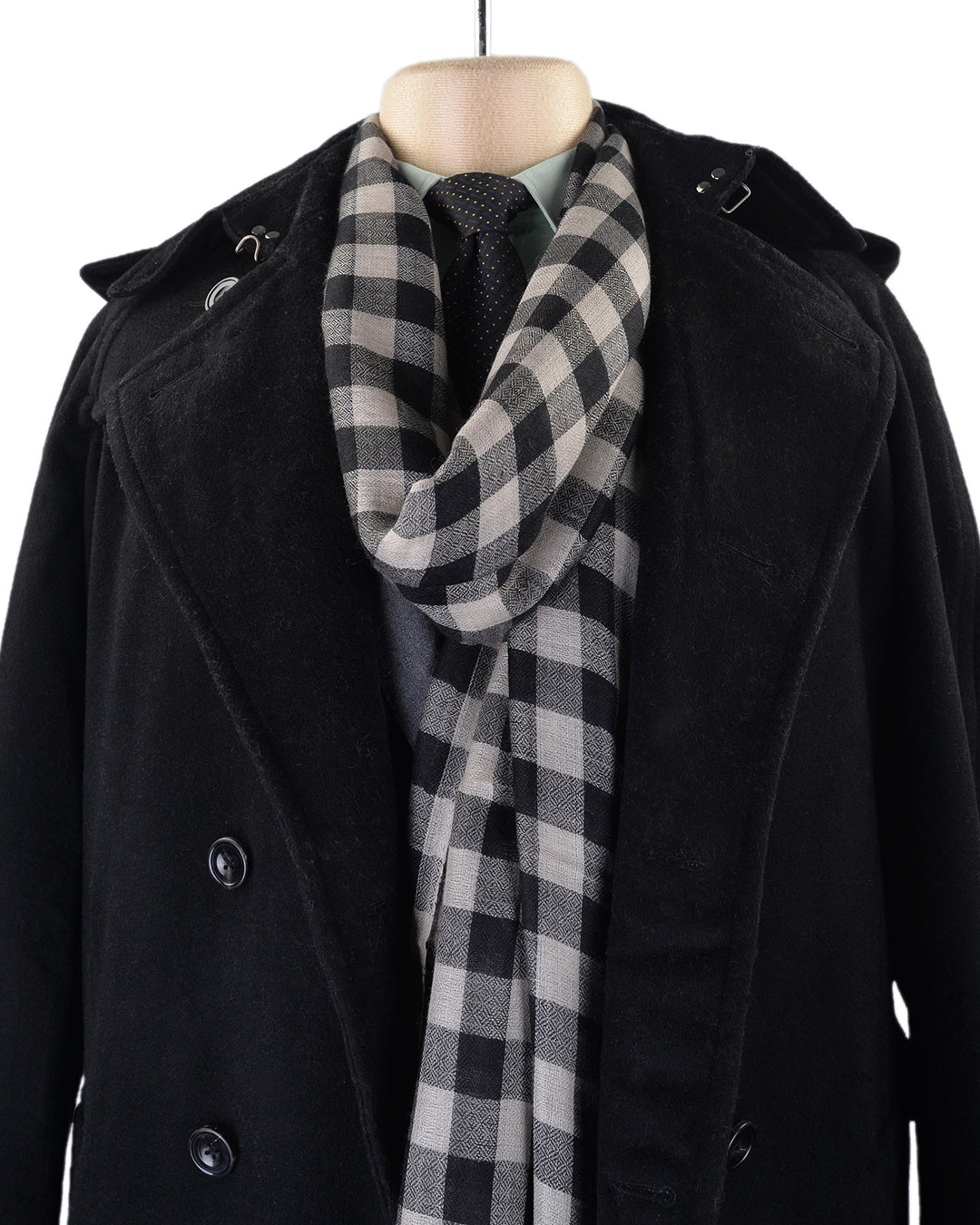 Pashmina Cashmere Wool Scarf Black Off-white Checks - 8