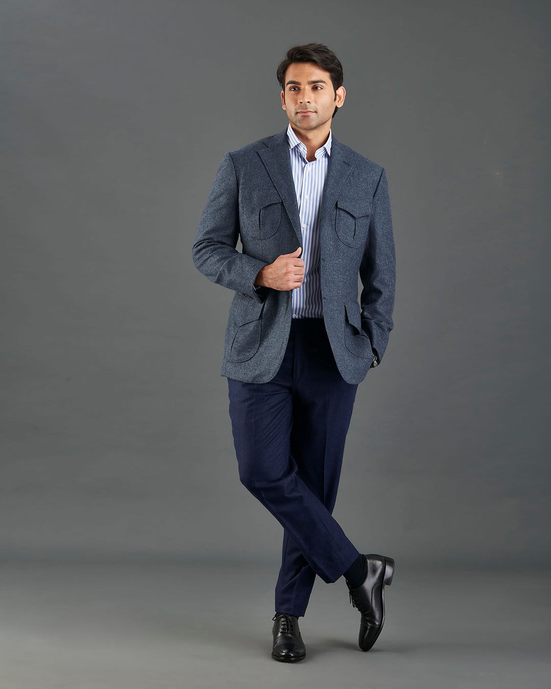 EThomas Prussian Blue Harringbone Jacket - 3