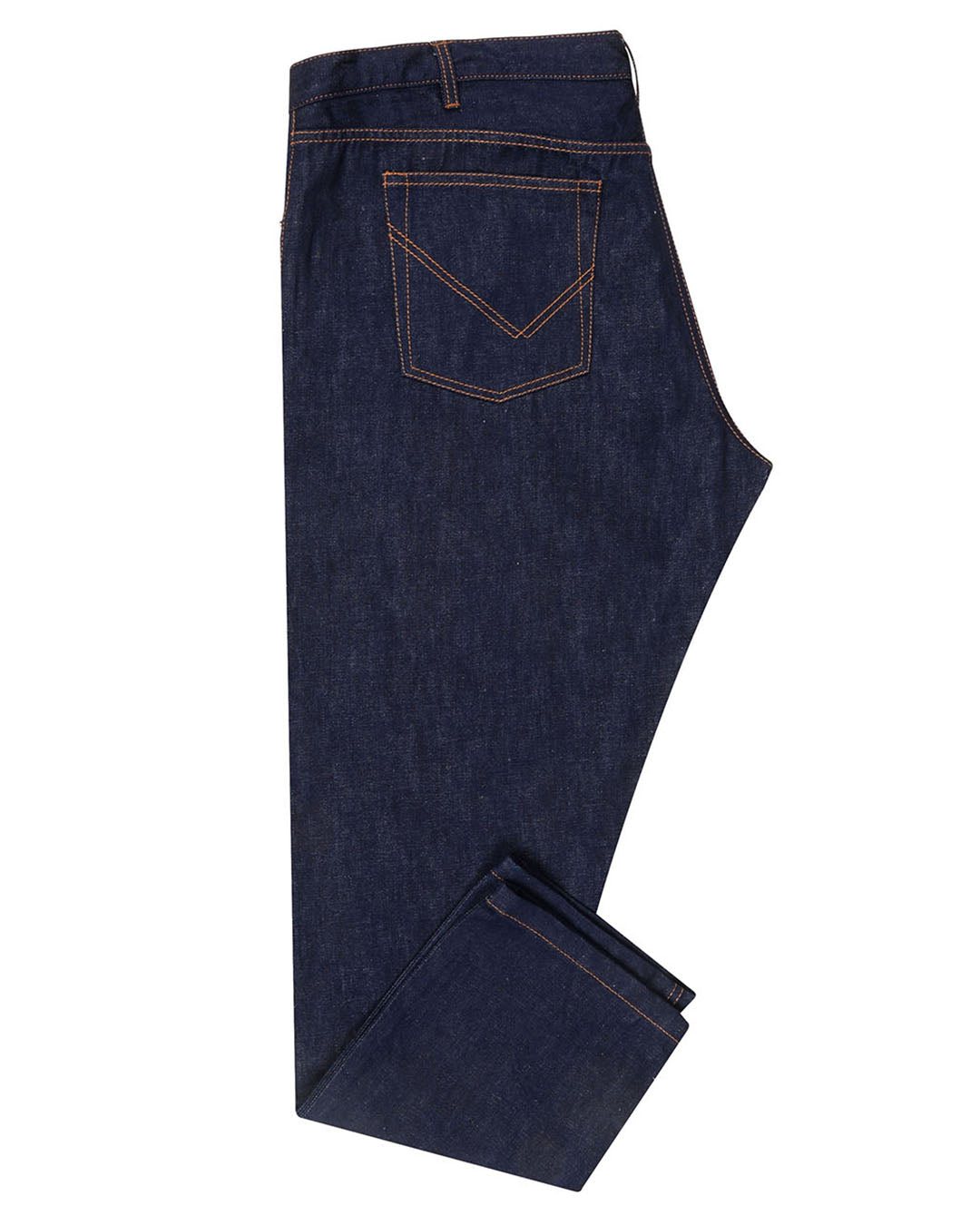 Side view of custom linen cotton jeans for men by Luxire in indigo