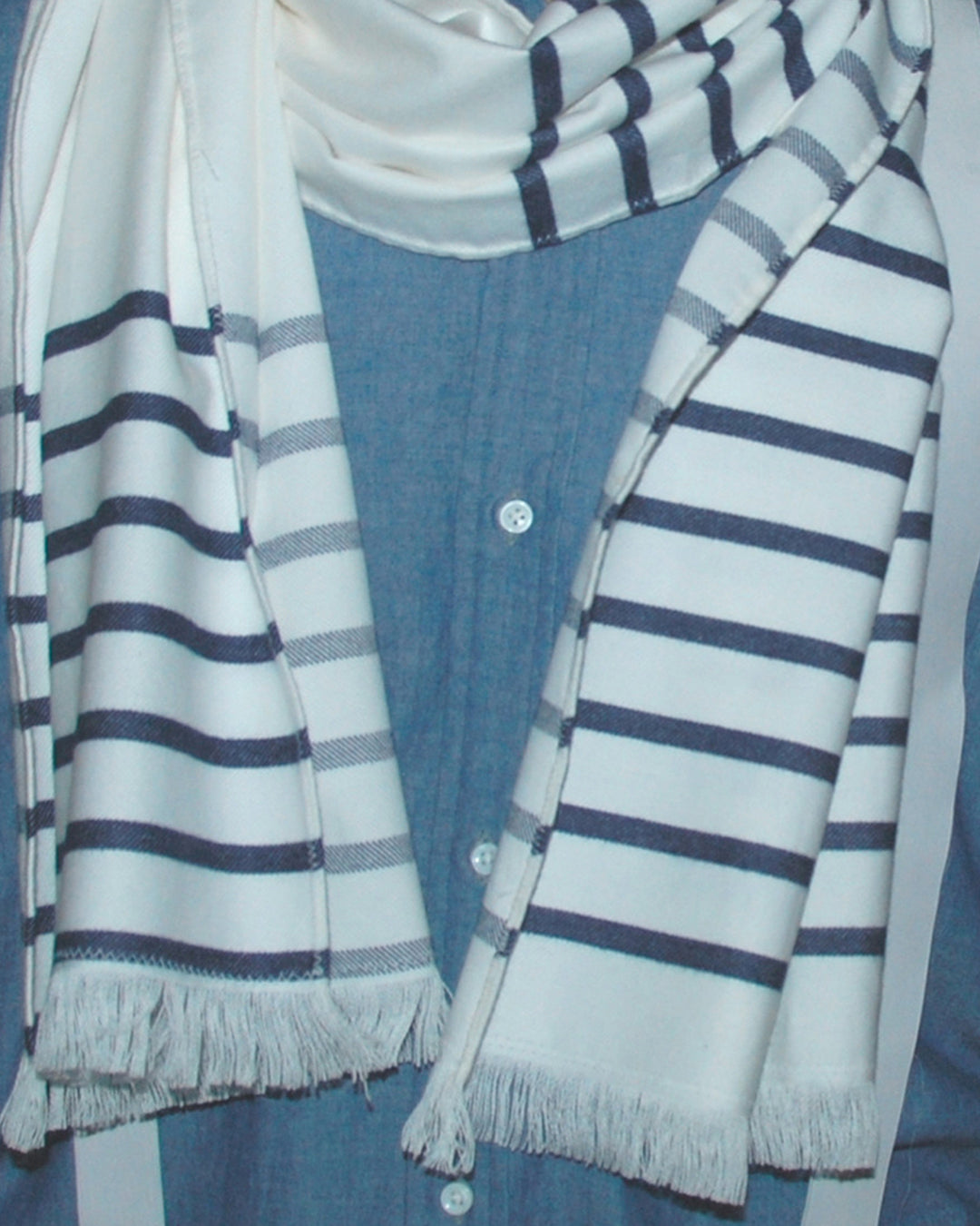 Flannel Scarf - Navy Stripes on White - 2