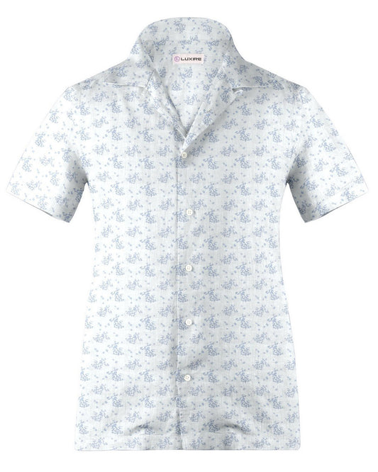 Camp collar PRESET STYLE in Linen: Pale Blue Printed shrubs On White